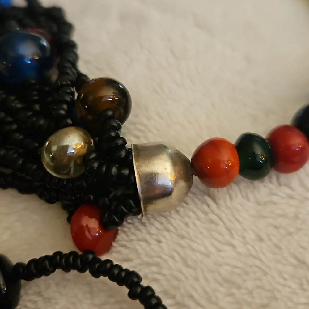 Vintage Indian Black and Multicolor Rainbow Glass Beaded Multi-strand Necklace
